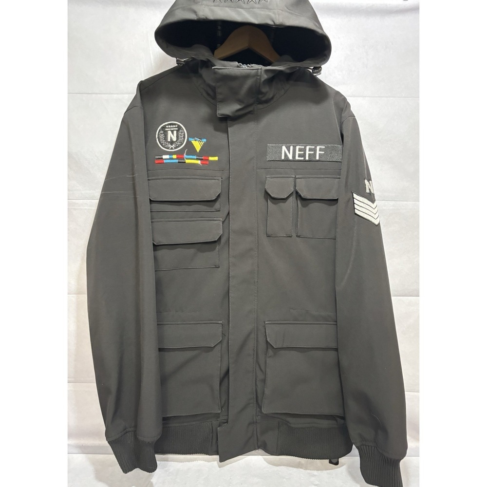 NEFF Jacket Threads Men's Medium Full‎ Zip Sarge Coat Hood Pockets Patch Black
